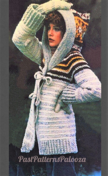 Vintage Crochet Pattern Womens Hooded Sweater Coat & Mittens Set PDF Instant Digital Download Retro Boho 1970s Chunky 12 Ply