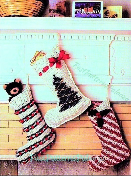 Vintage Crochet Patterns 14" Keepsake Christmas Stockings Candy Cane Stripes Tree Popcorn Stitch PDF Instant Digital Download 10 Ply