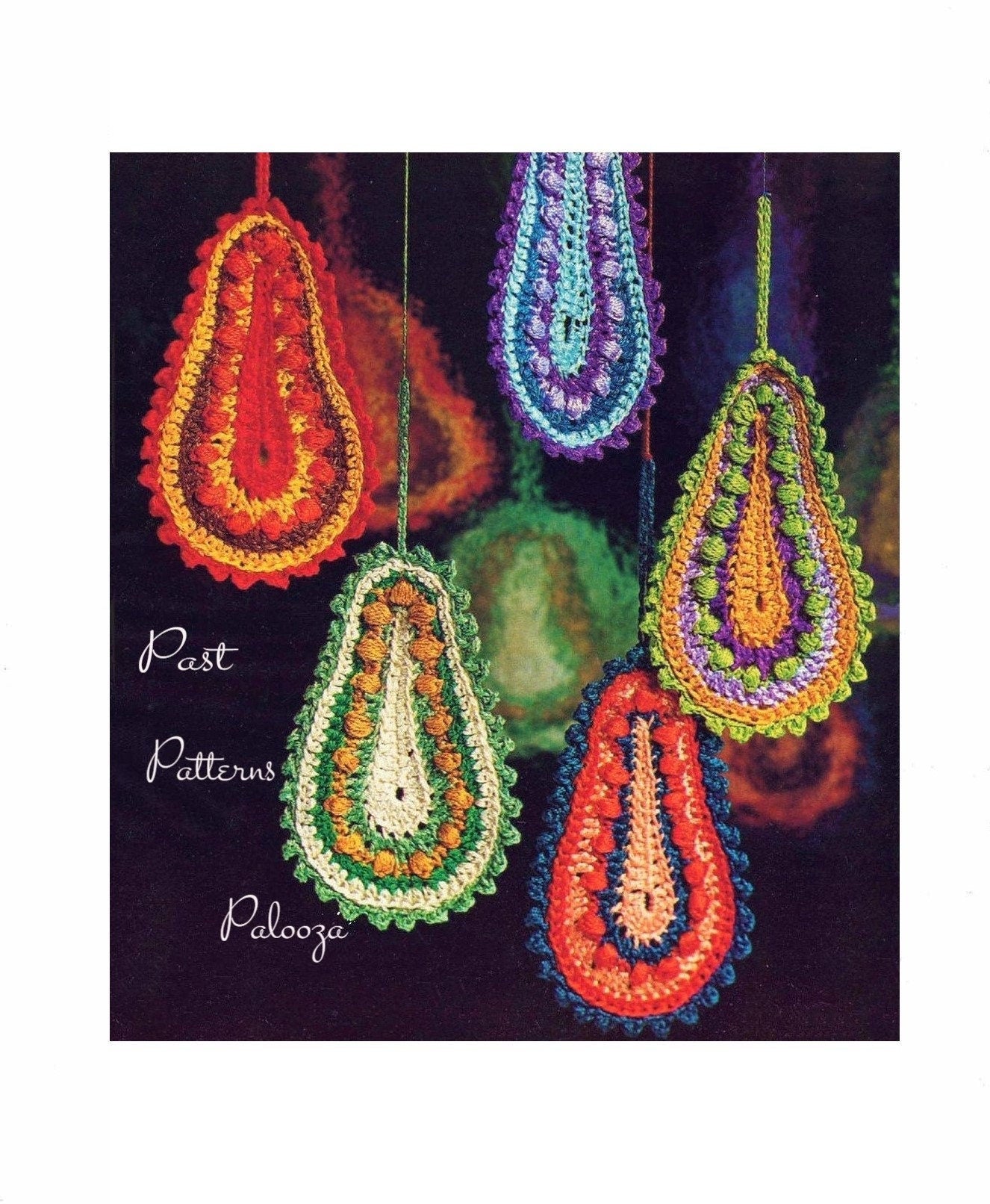 Vintage Crochet Pattern 5" Paisley Pear Drop Christmas Ornaments Jewel Tones PDF Instant Digital Download Retro Groovy Mod Tree Trim