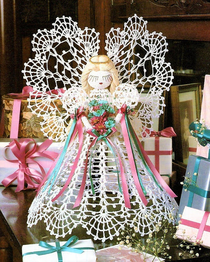 Vintage Crochet Patterns Cotton Thread Lace Ribbons Christmas Angel Doll Centerpiece and Ornaments PDF Instant Digital Download 4 Designs