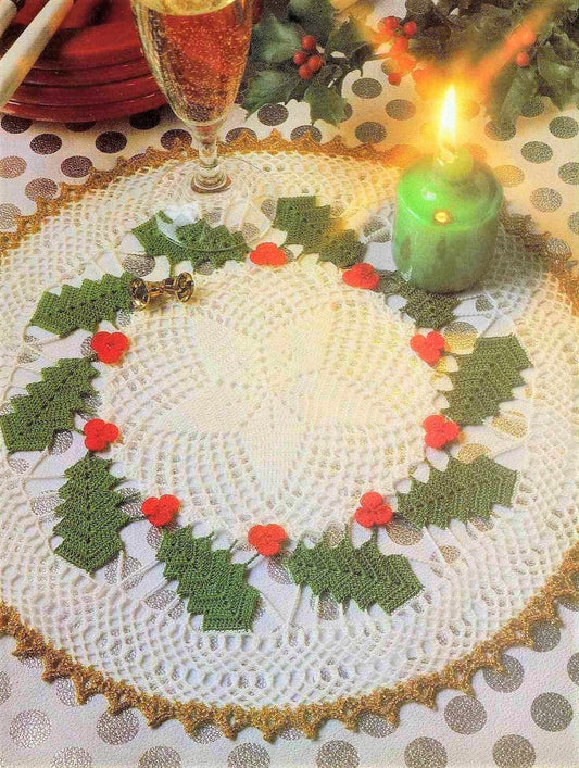 Vintage Crochet Pattern 13" Christmas Holly Doily Mat PDF Instant Digital Download Leaves Berries Motifs Holiday Table Decor Centerpiece