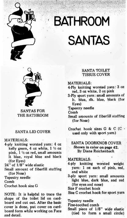 Vintage Crochet Pattern Christmas Bathroom Santa Claus Set Toilet Seat Lid Tissue and Doorknob Covers PDF Instant Digital Download 10-Ply