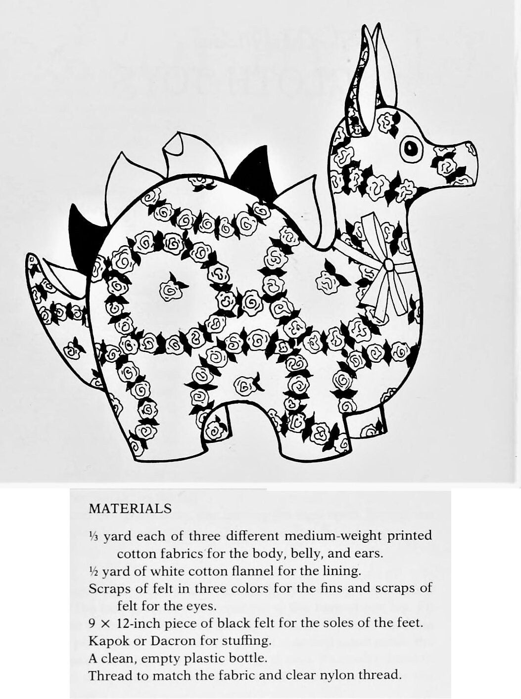Vintage Sewing Pattern 17" Plush Dragon Cotton Print Fabric Soft Toy PDF Instant Digital Download Sewn Mystical Serpent Animal
