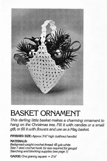 Vintage Thread Crochet Pattern 4" Lacy White Christmas Tree Basket Ornaments Granny Square Design PDF Instant Digital Download