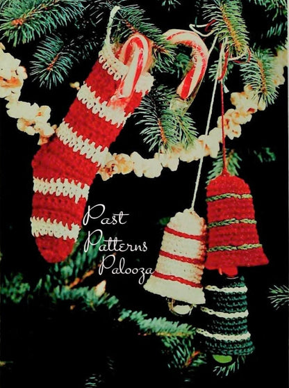 Vintage Crochet Pattern Small 6" Christmas Ornaments Stockings Mini 2" Bells PDF Instant Digital Download Mercerized Cotton Tree Trim 10 Ply