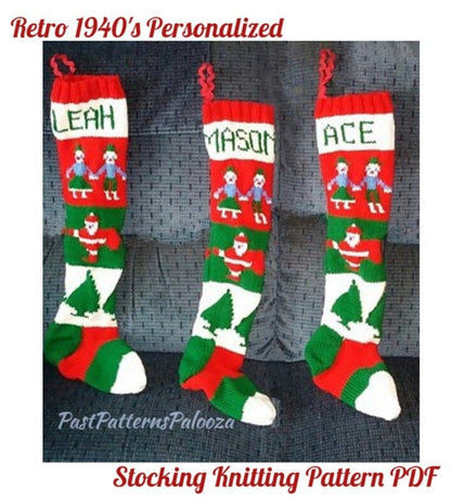 Vintage Christmas Stocking Knitting Pattern Retro Personalized 1940s Nostalgic Design Children Santa Trees PDF Instant Digital Download