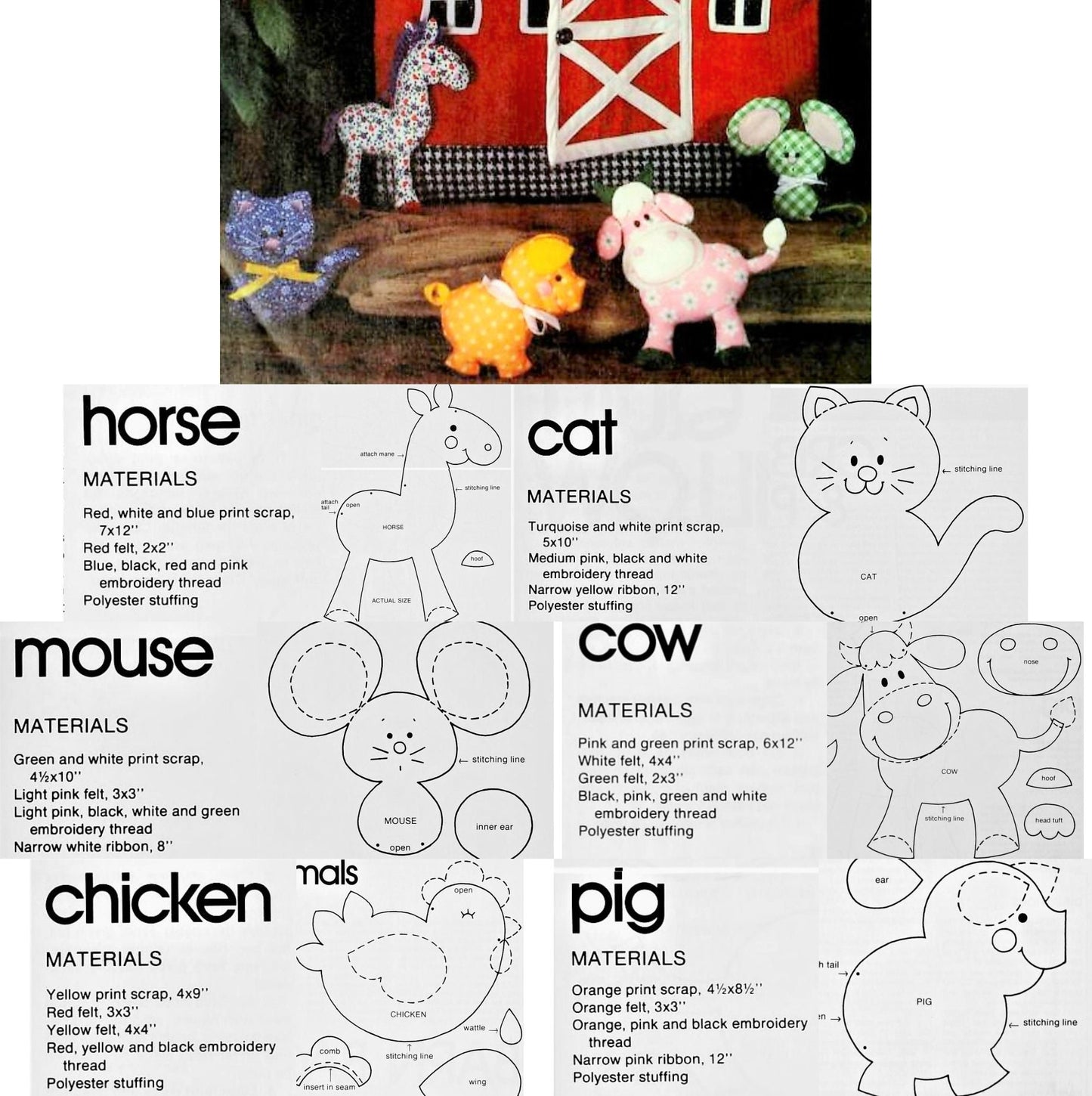 Vintage Sewing Pattern Farmyard Animals and Barn Tote Bag Cotton Prints Fabric Toys PDF Instant Digital Download Sewn Soft Scraps Playset