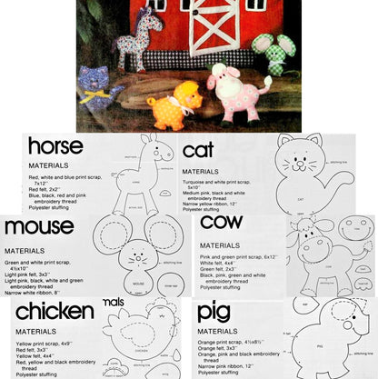Vintage Sewing Pattern Farmyard Animals and Barn Tote Bag Cotton Prints Fabric Toys PDF Instant Digital Download Sewn Soft Scraps Playset