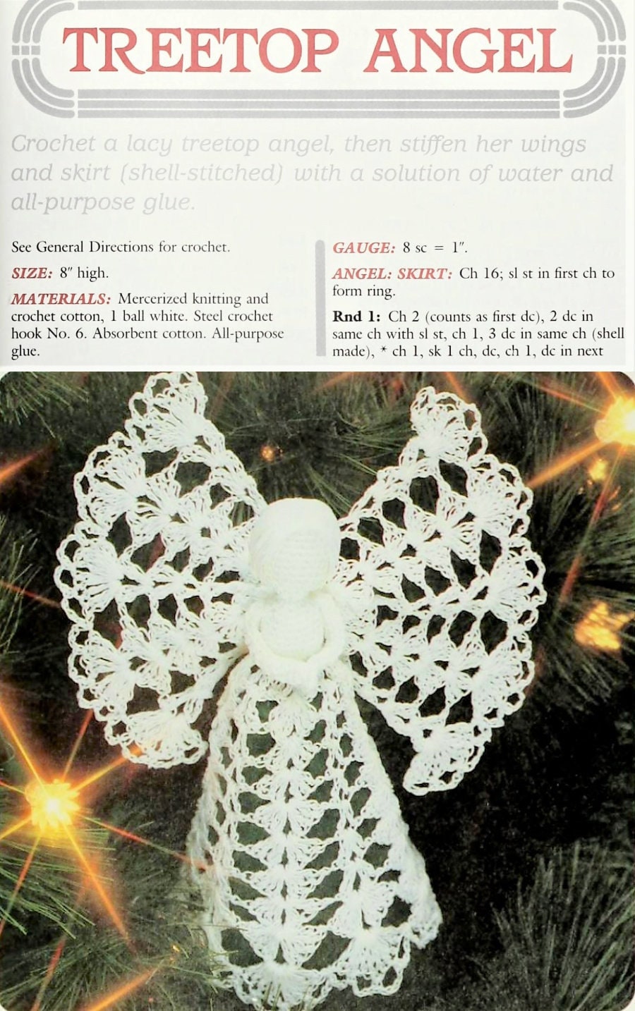 Vintage Crochet Pattern 8" Pretty Shell Stitch Christmas Angel Tree Topper Ornament PDF Instant Digital Download Lace Treetop Angel