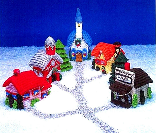 Vintage Crochet Pattern Christmas Village PDF Instant Digital Download Amigurumi Plush 5 Building Town Church School General Store Houses