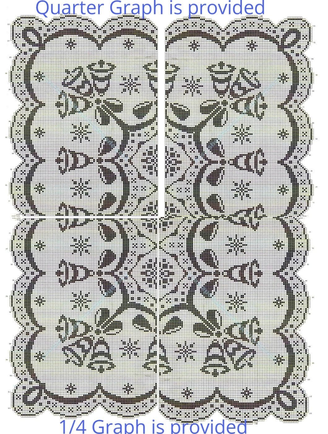 Vintage Filet Crochet Pattern Christmas Bells Tablecloth PDF Instant Digital Download White Thread Cotton Rectangle Holiday Table Cloth