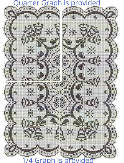Vintage Filet Crochet Pattern Christmas Bells Tablecloth PDF Instant Digital Download White Thread Cotton Rectangle Holiday Table Cloth