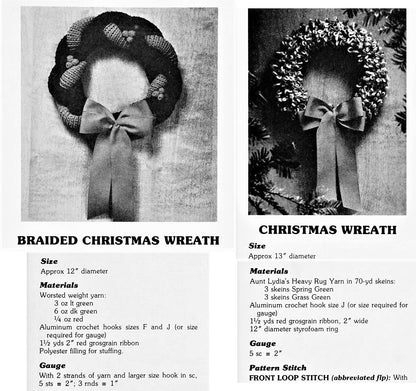 Vintage Crochet Christmas Wreath Patterns 12" Braided and Loopy Loop Stitch PDF Instant Digital Download Holiday Door Wall Hangings 10 Ply