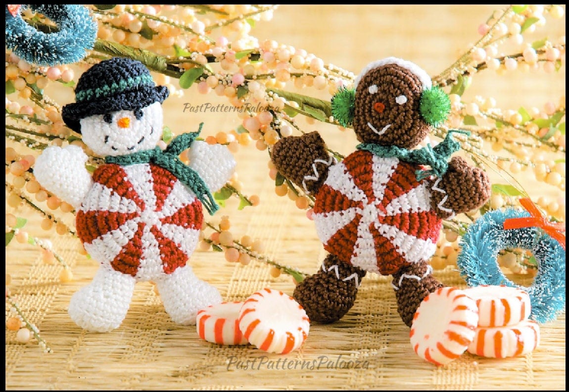Vintage Crochet Pattern 4" Christmas Peppermint People Candy Gingerbread Man Snowman Amigurumi PDF Instant Digital Download Ornaments Toys