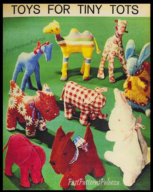 Vintage Sewing Pattern Retro Soft Fabric Toy Animals PDF Instant Digital Download 1972 Camel Giraffe Scottie Dog Bunny Elephant 6-12"