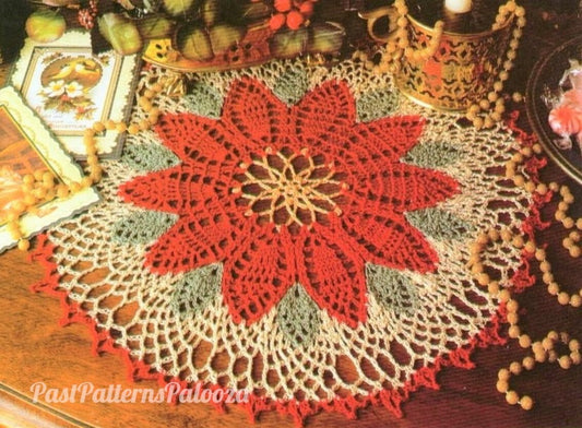 Vintage Crochet Pattern 16" Christmas Poinsettia Flower Doily Centerpiece Mat PDF Instant Digital Download Holiday Table Red Green Ecru