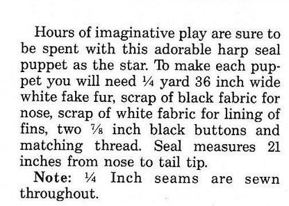 Vintage Sewing Pattern 21" Plush Baby Harp Seal Hand Puppet Faux Fur Fabric PDF Instant Digital Download Arctic Animal Soft Puppet Toy
