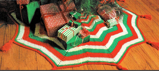 Vintage Crochet Pattern Chevron Stripes Star Christmas Tree Skirt Tri Color with Tassels PDF Instant Digital Download Quick Easy 10 Ply