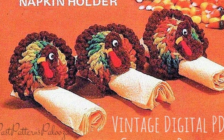 Vintage Crochet Pattern Thanksgiving Tom Turkey Napkin Ring Holders PDF Instant Digital Download Amigurumi Holiday Table Setting 4 Ply