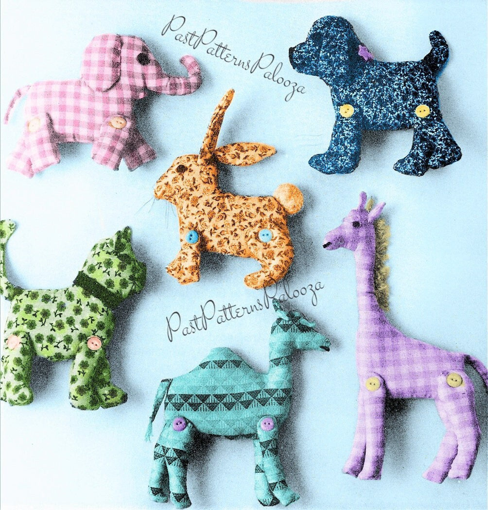 Vintage Sewing Pattern Cute Calico Gingham Animal Soft Fabric Toys PDF Instant Digital Download Plush Dog Cat Camel Giraffe Bunny Elephant