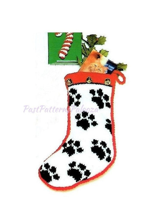 Vintage Knitting Pattern 17" Pet Paw Prints Christmas Stocking for Your Kitty Cat or Dog PDF Instant Download Jingle Bells Pet Sock 10 Ply