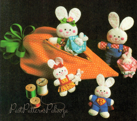 Vintage Sewing Pattern Felt Farmer Bunny Family in Carrot House Holder  PDF Instant Digital Download Sewn Soft Toys