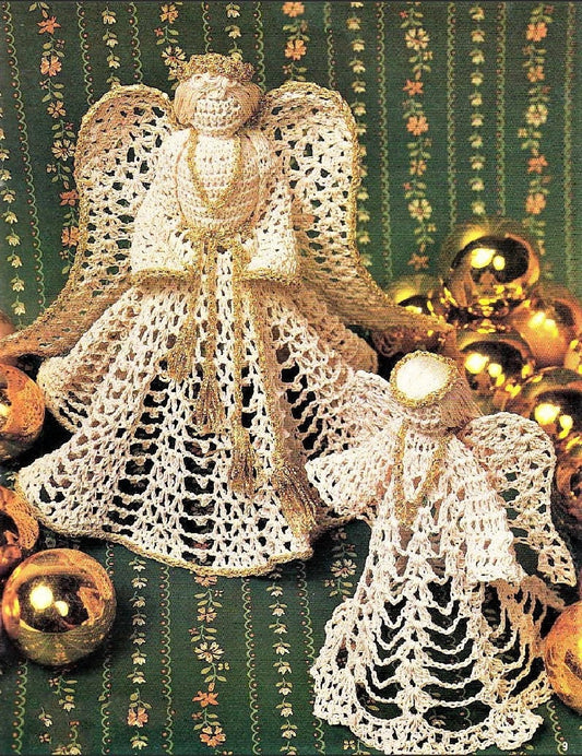 Vintage Crochet Pattern 6-9" Victorian Lace Christmas Angel Figures Centerpieces Ecru & Gold Brocade Thread PDF Instant Digital Download