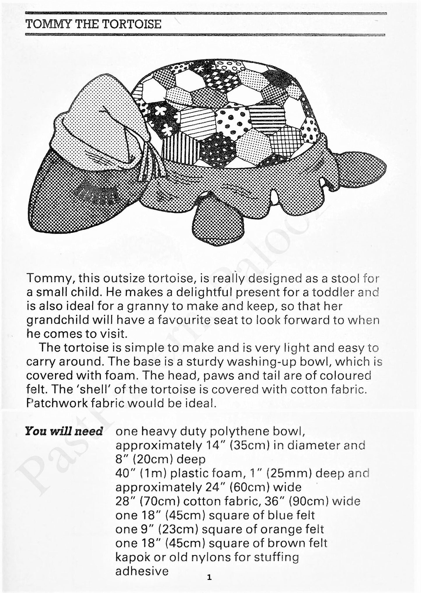 Vintage Sewing Pattern 21" Sleepy Turtle Toy or Footstool PDF Instant Digital Download Tortoise Pouffe Cotton Fabric