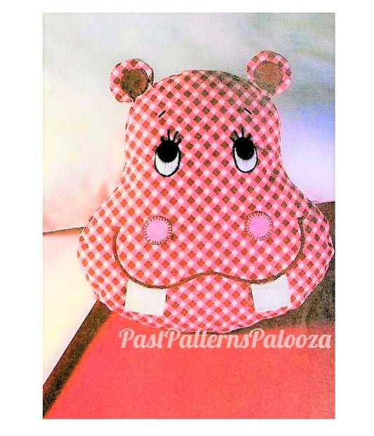 Vintage Sewing Pattern 10" Cute Hippo Face Pillow Gingham Fabric PDF Instant Digital Download Tooth Fairy Cushion Soft Sculpture Toy
