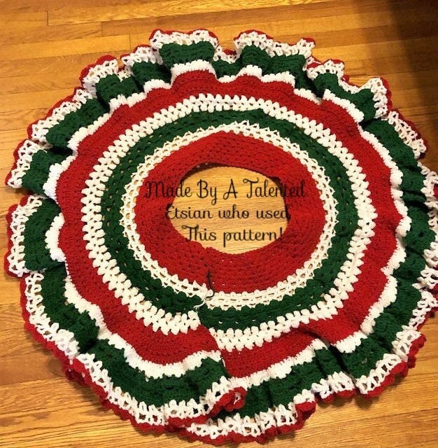 Vintage Crochet Pattern 48" Christmas Tree Skirt Red Green White Stripes PDF Instant Digital Download 10 Ply
