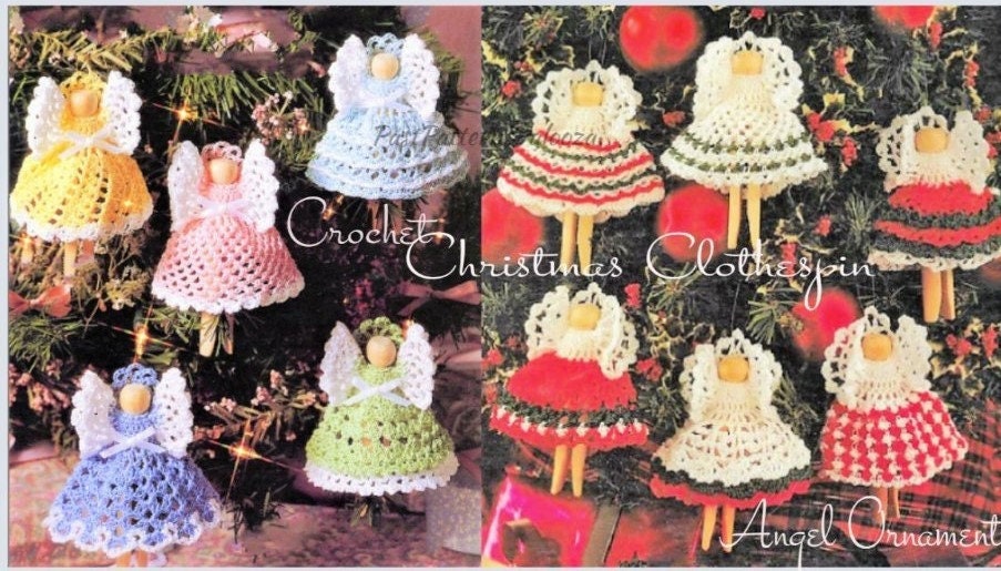 Vintage Crochet Patterns Christmas Clothespin Angel Ornaments PDF Instant Digital Download 11 Designs Cotton Thread Tree Trim or Garland
