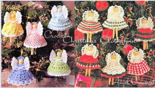 Vintage Crochet Patterns Christmas Clothespin Angel Ornaments PDF Instant Digital Download 11 Designs Cotton Thread Tree Trim or Garland