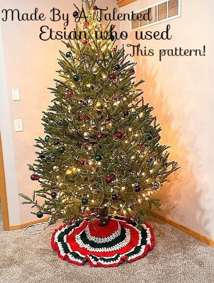 Vintage Crochet Pattern 48" Christmas Tree Skirt Red Green White Stripes PDF Instant Digital Download 10 Ply