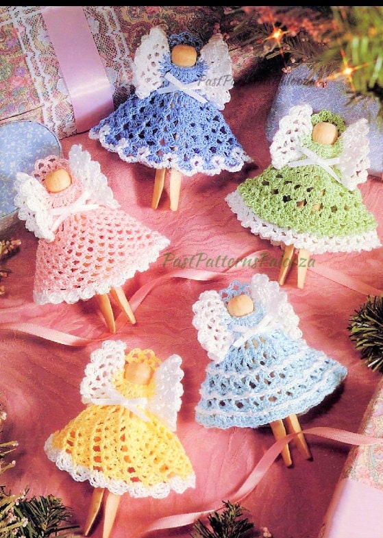 Vintage Crochet Patterns Christmas Clothespin Angel Ornaments PDF Instant Digital Download 11 Designs Cotton Thread Tree Trim or Garland