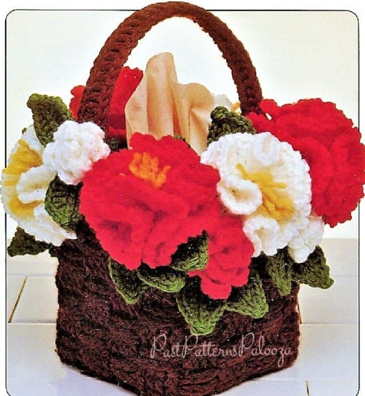 Vintage Crochet Pattern Flower Basket Tissue Box Cover Topper PDF Instant Digital Download 10 Ply