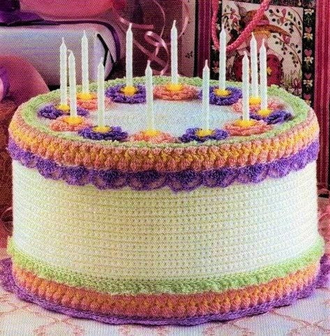 Vintage Crochet Pattern 6x10" Birthday Cake PDF Instant Digital Download Crocheted Amigurumi Cake 5 Ply