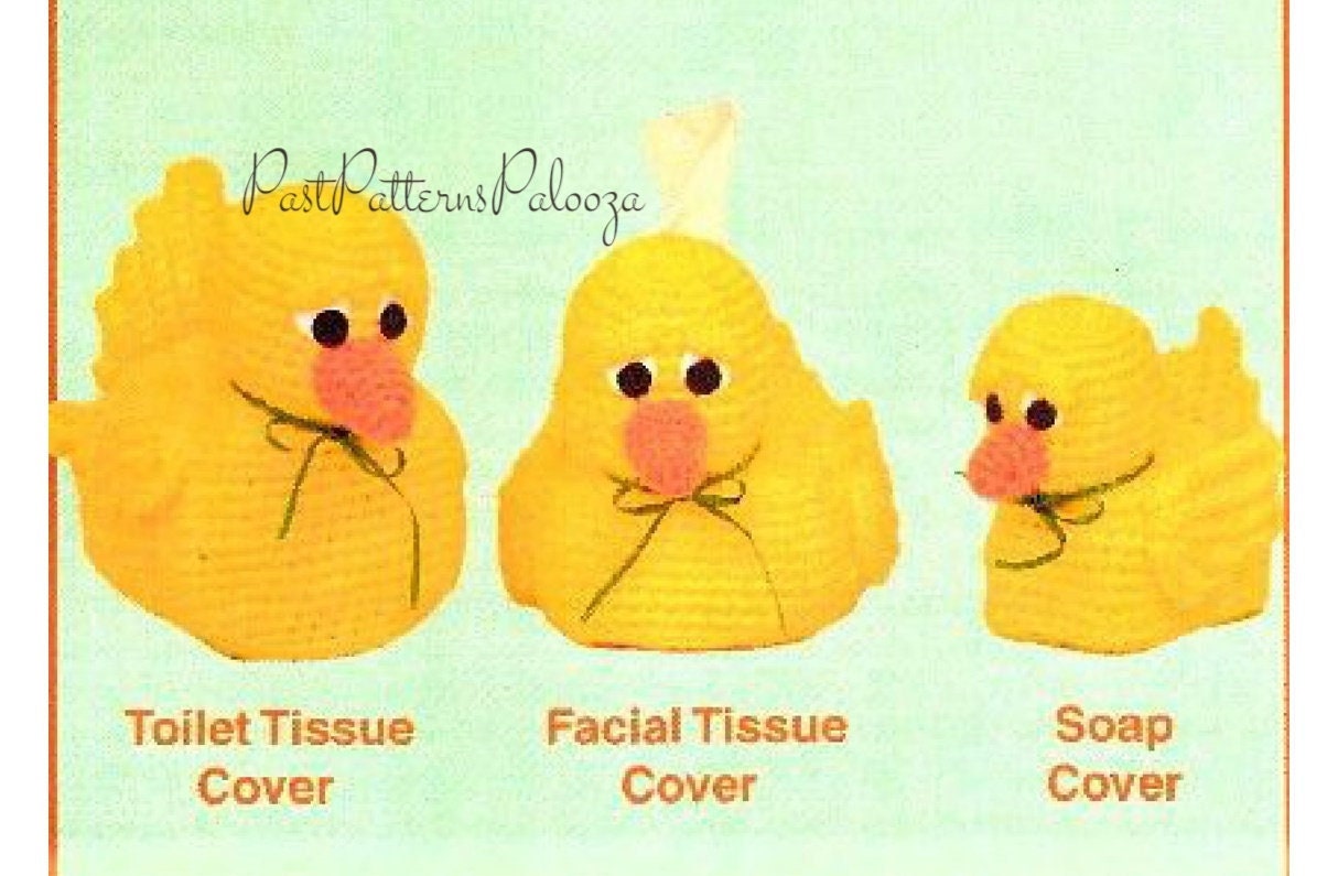 Vintage Crochet Pattern Yellow Rubber Duckie Ducks Bathroom Set PDF Instant Digital Download Tissue Box Topper Toilet Roll Holder Soap Cover