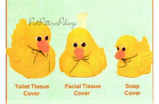 Vintage Crochet Pattern Yellow Rubber Duckie Ducks Bathroom Set PDF Instant Digital Download Tissue Box Topper Toilet Roll Holder Soap Cover