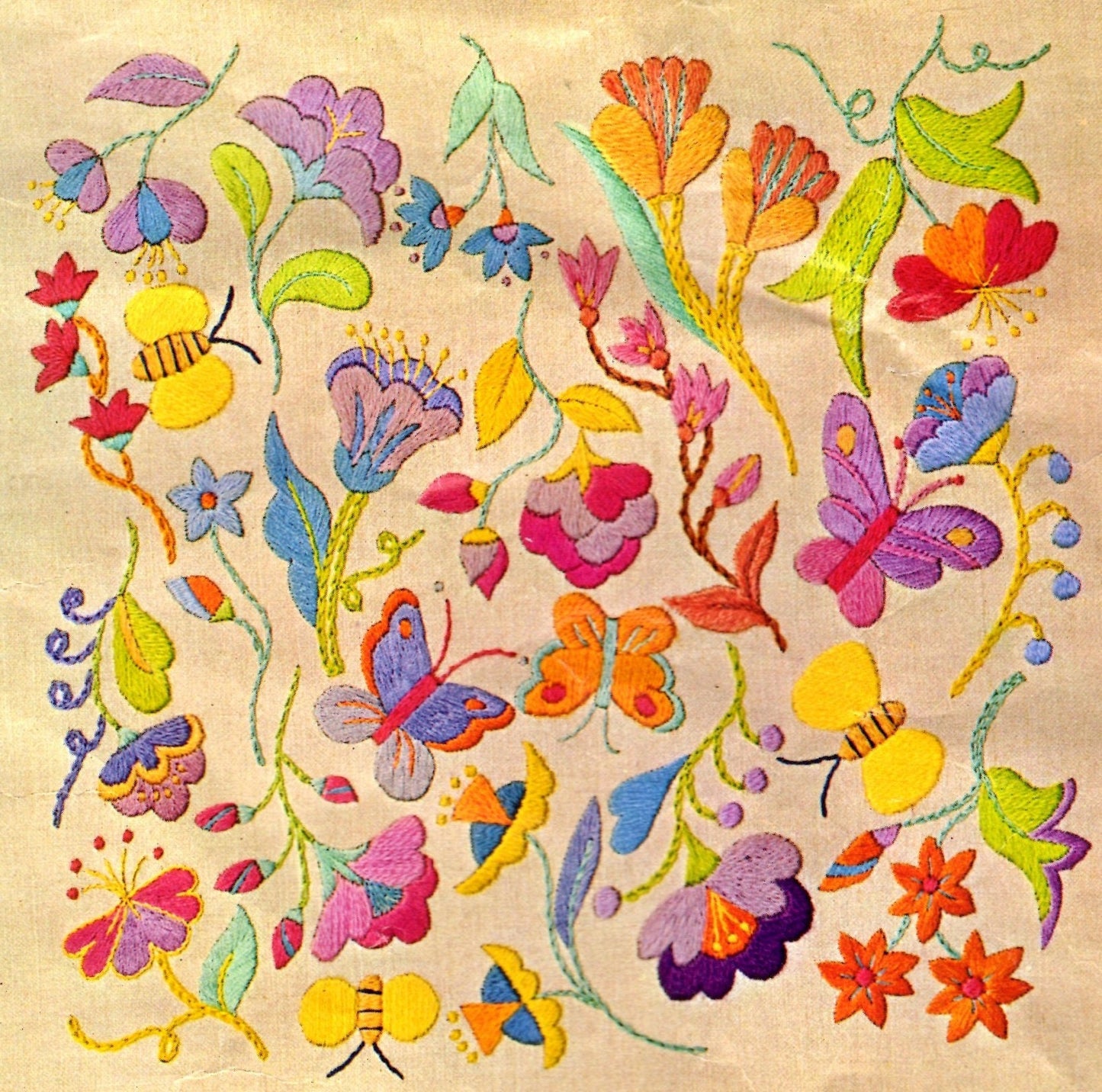 PDF Vintage 1970s Crewel Embroidery Pattern Bright Jacobean Floral Bees Butterflies Flowers Motifs Stitchery Instant Download