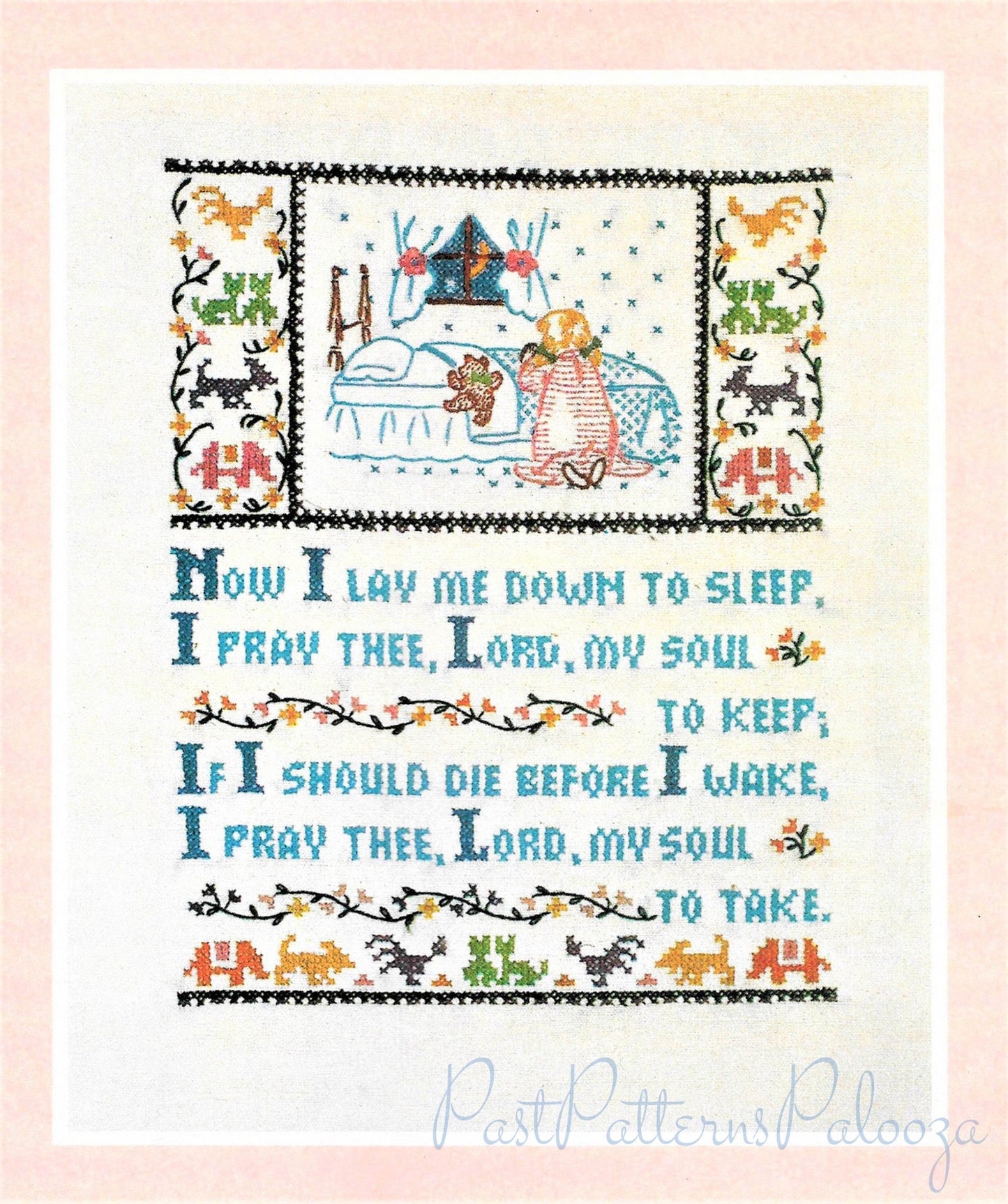 Vintage Counted Cross Stitch Pattern Childs Bedtime Prayer Now I Lay Me Down To Sleep Sampler Style PDF Instant Digital Download 10x13