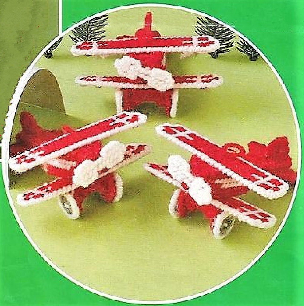 Vintage Plastic Canvas Pattern Christmas Helicopter Airplane Ornaments PDF Instant Digital Download Mini Vehicles Hanging Tree Ornaments