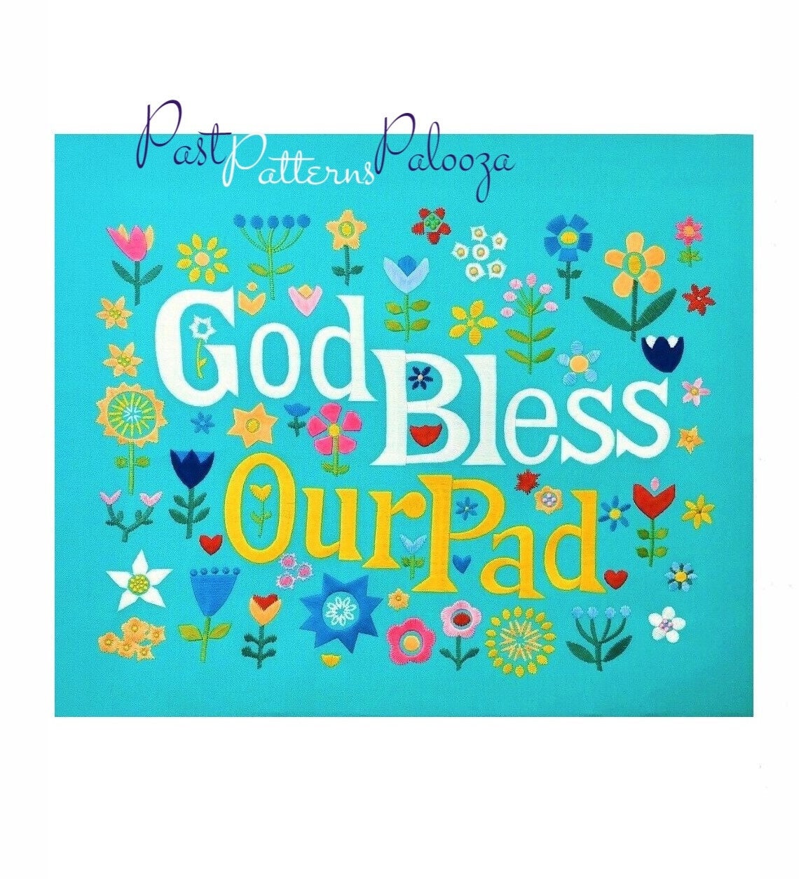 Vintage Crewel Embroidery Pattern God Bless Our Pad Printable PDF Instant Digital Download Retro Groovy Flower Power Hippie Chic Stitchery