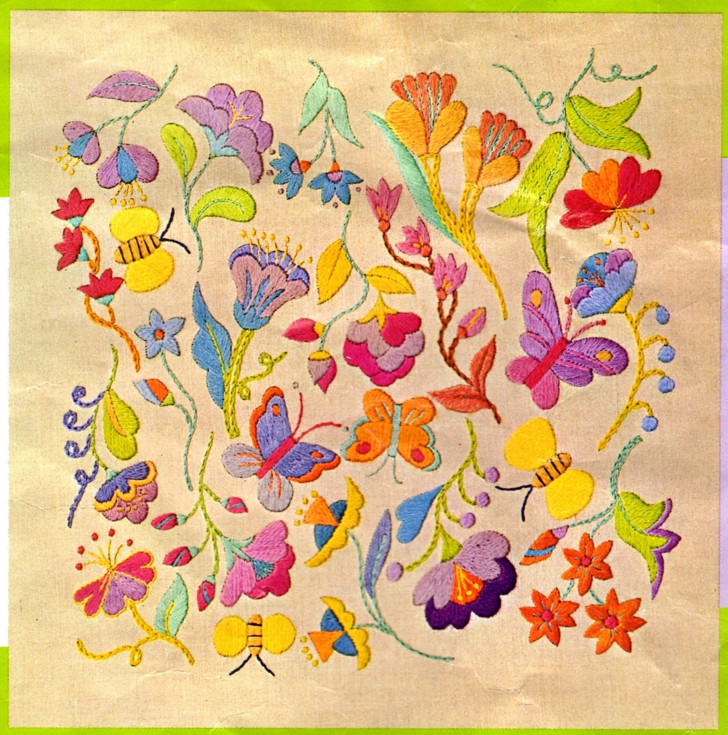 PDF Vintage 1970s Crewel Embroidery Pattern Bright Jacobean Floral Bees Butterflies Flowers Motifs Stitchery Instant Download