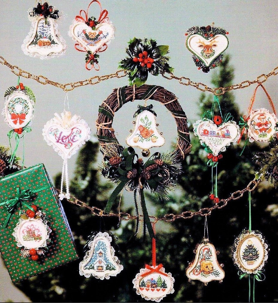 Vintage Cross Stitch Patterns Mini Framed Christmas Ornaments PDF Instant Digital Download Bell Heart Oval Circle Shapes 28 Designs