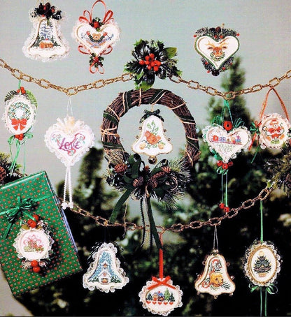 Vintage Cross Stitch Patterns Mini Framed Christmas Ornaments PDF Instant Digital Download Bell Heart Oval Circle Shapes 28 Designs