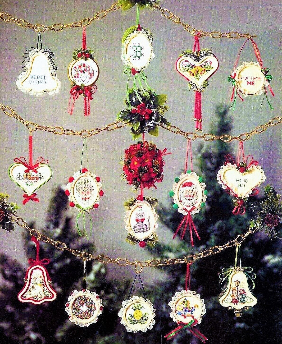 Vintage Cross Stitch Patterns Mini Framed Christmas Ornaments PDF Instant Digital Download Bell Heart Oval Circle Shapes 28 Designs