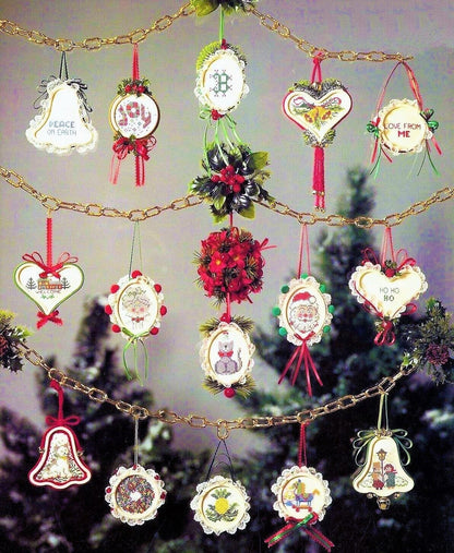Vintage Cross Stitch Patterns Mini Framed Christmas Ornaments PDF Instant Digital Download Bell Heart Oval Circle Shapes 28 Designs