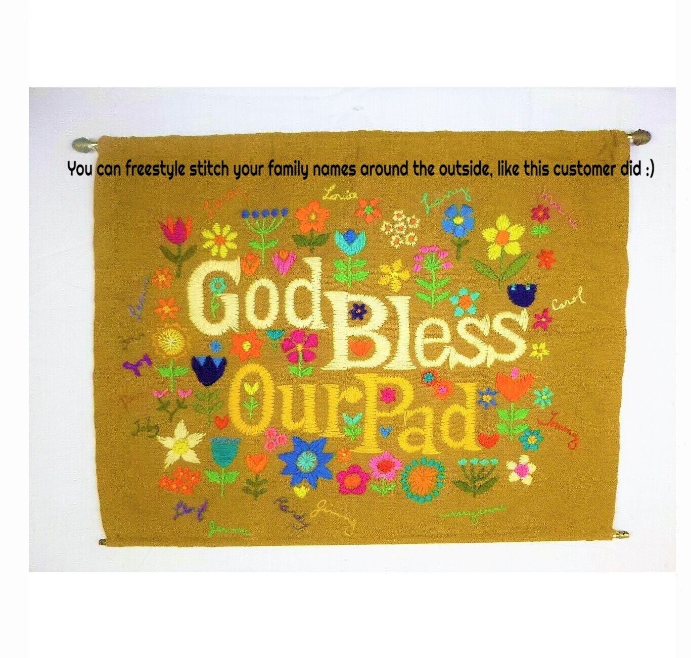 Vintage Crewel Embroidery Pattern God Bless Our Pad Printable PDF Instant Digital Download Retro Groovy Flower Power Hippie Chic Stitchery