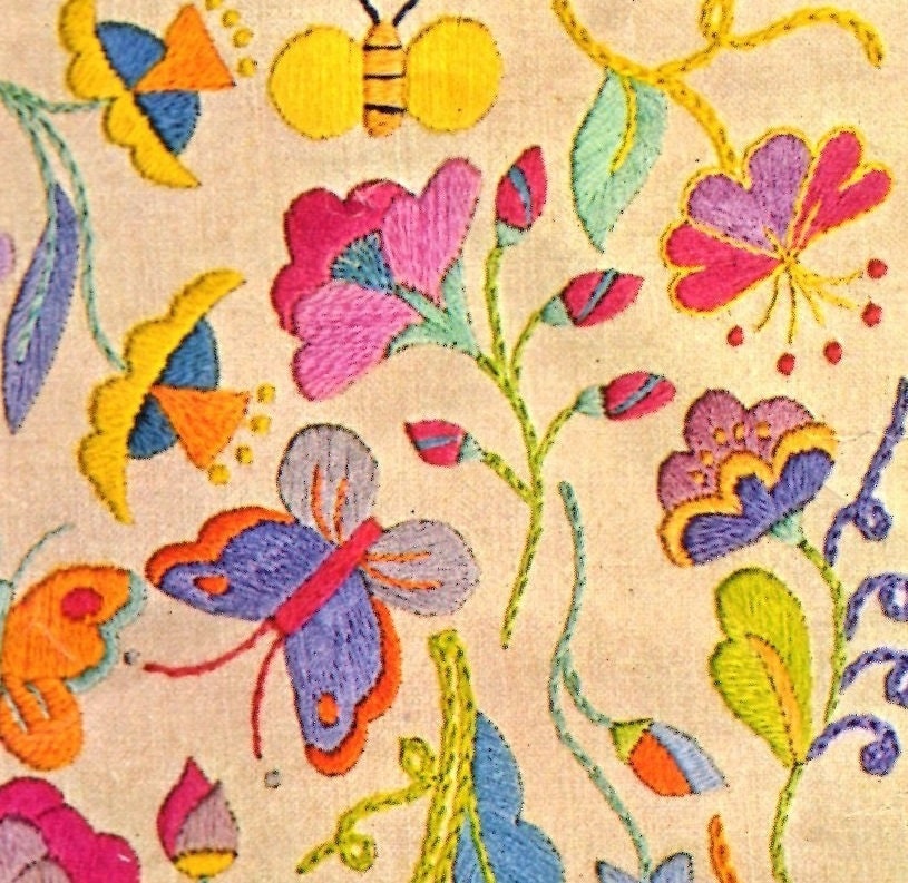 PDF Vintage 1970s Crewel Embroidery Pattern Bright Jacobean Floral Bees Butterflies Flowers Motifs Stitchery Instant Download