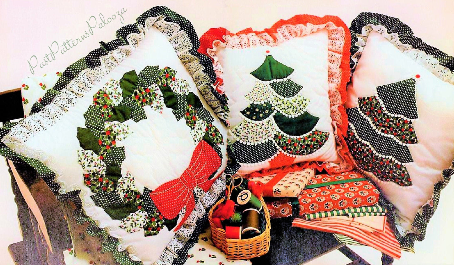 Vintage Sewing Pattern Christmas Calico Patchwork Pillows Trio PDF Instant Digital Download Quilted Tree Wreath Cushions 3 Designs